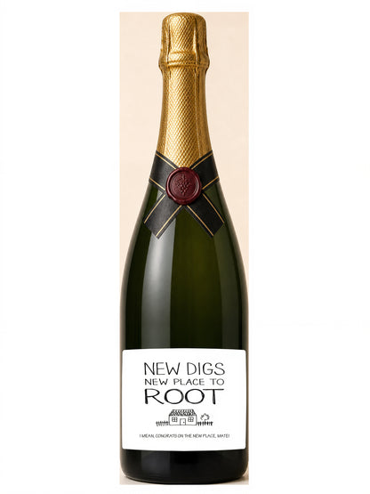 New Digs wine label in black and white – champagne bottle on a plain background