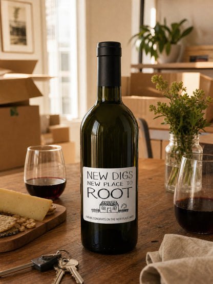 New Digs wine label in black and white – bottle with cheese board, moving boxes and house keys