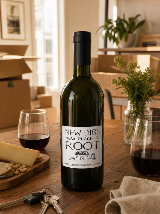 New Digs wine label in black and white – bottle with cheese board, moving boxes and house keys