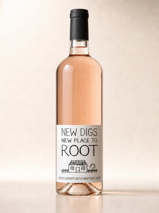 New Digs wine label in black and white – long body 750ml wine bottle