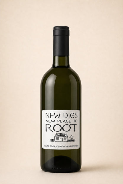 New Digs wine label in black and white – short body 750ml wine bottle