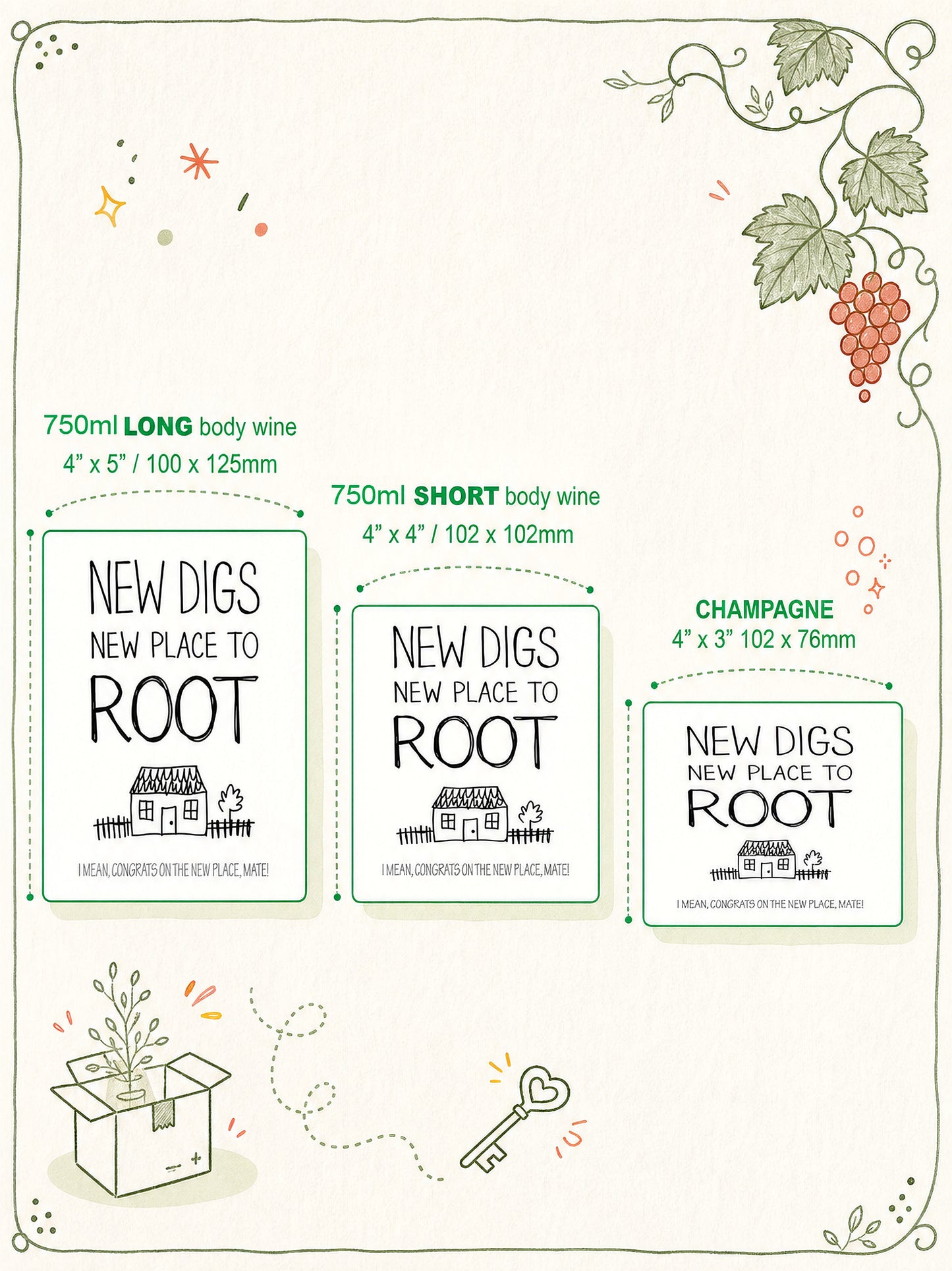 New Digs wine label in black and white – size guide for wine long body, wine short body and champagne