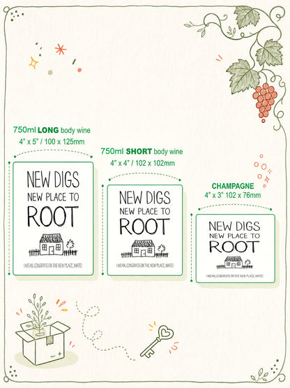 New Digs wine label in black and white – size guide for wine long body, wine short body and champagne