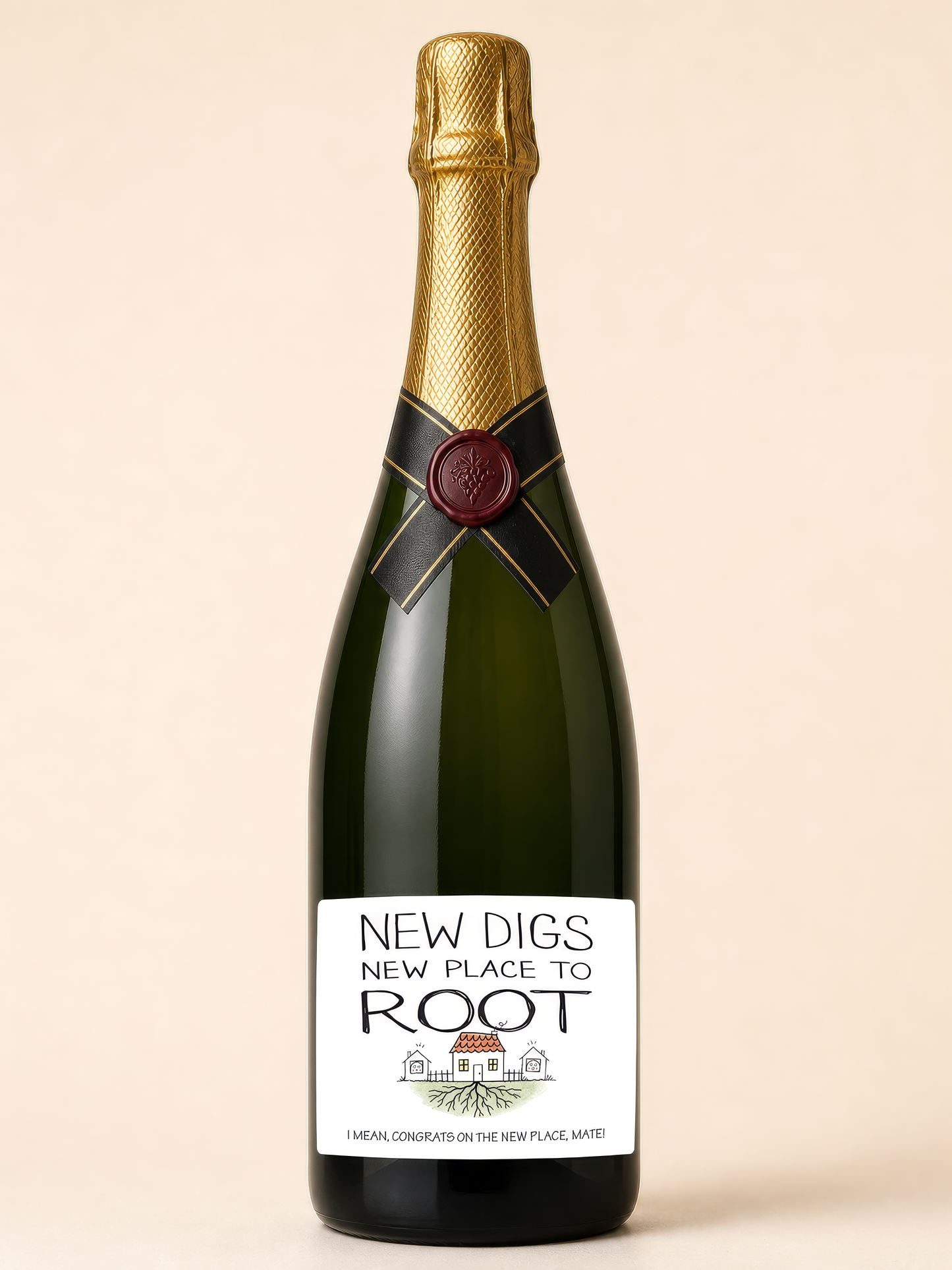 New Digs wine label in colour – champagne bottle
