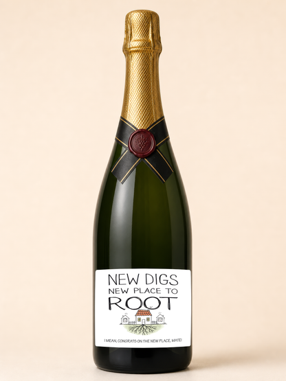 New Digs wine label in colour – champagne bottle