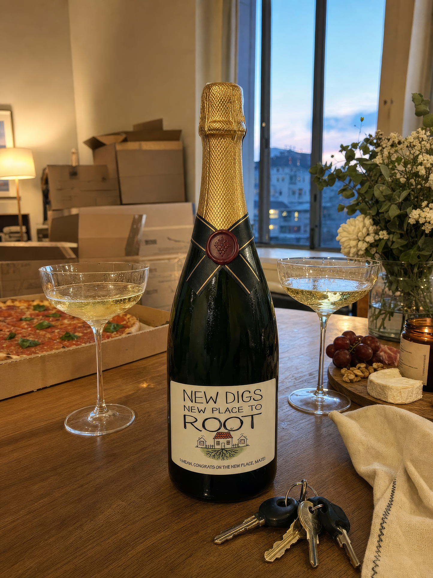 New Digs wine label in colour – champagne bottle on a housewarming table with coupe glasses and keys