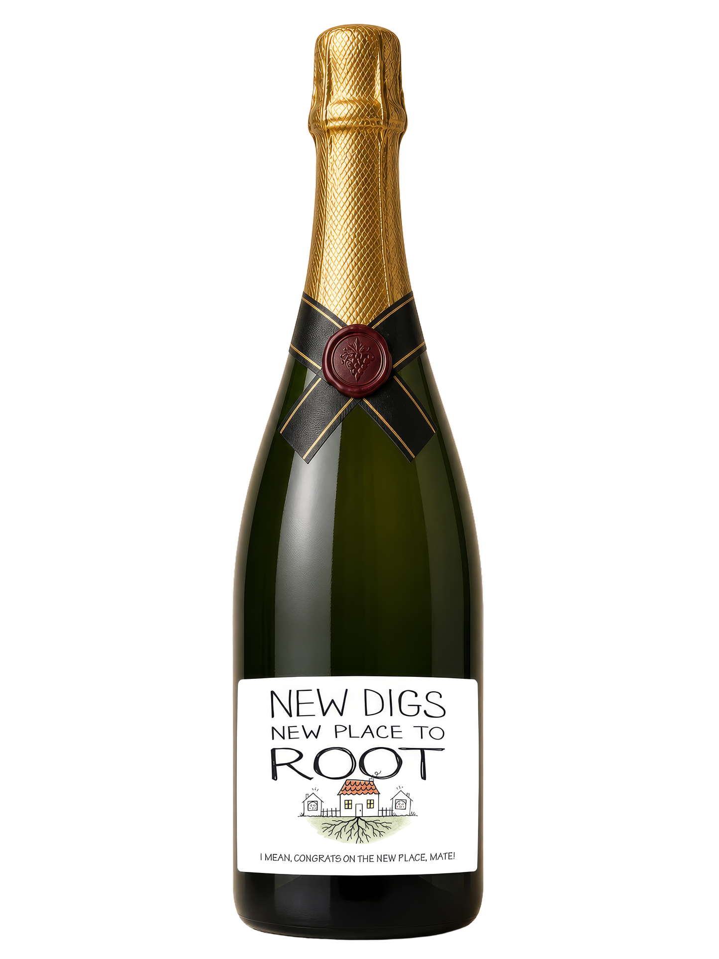 New Digs wine label in colour – champagne bottle on a plain background