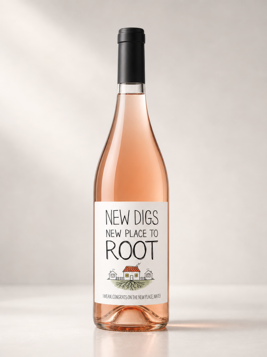 New Digs wine label in colour – long body 750ml wine bottle