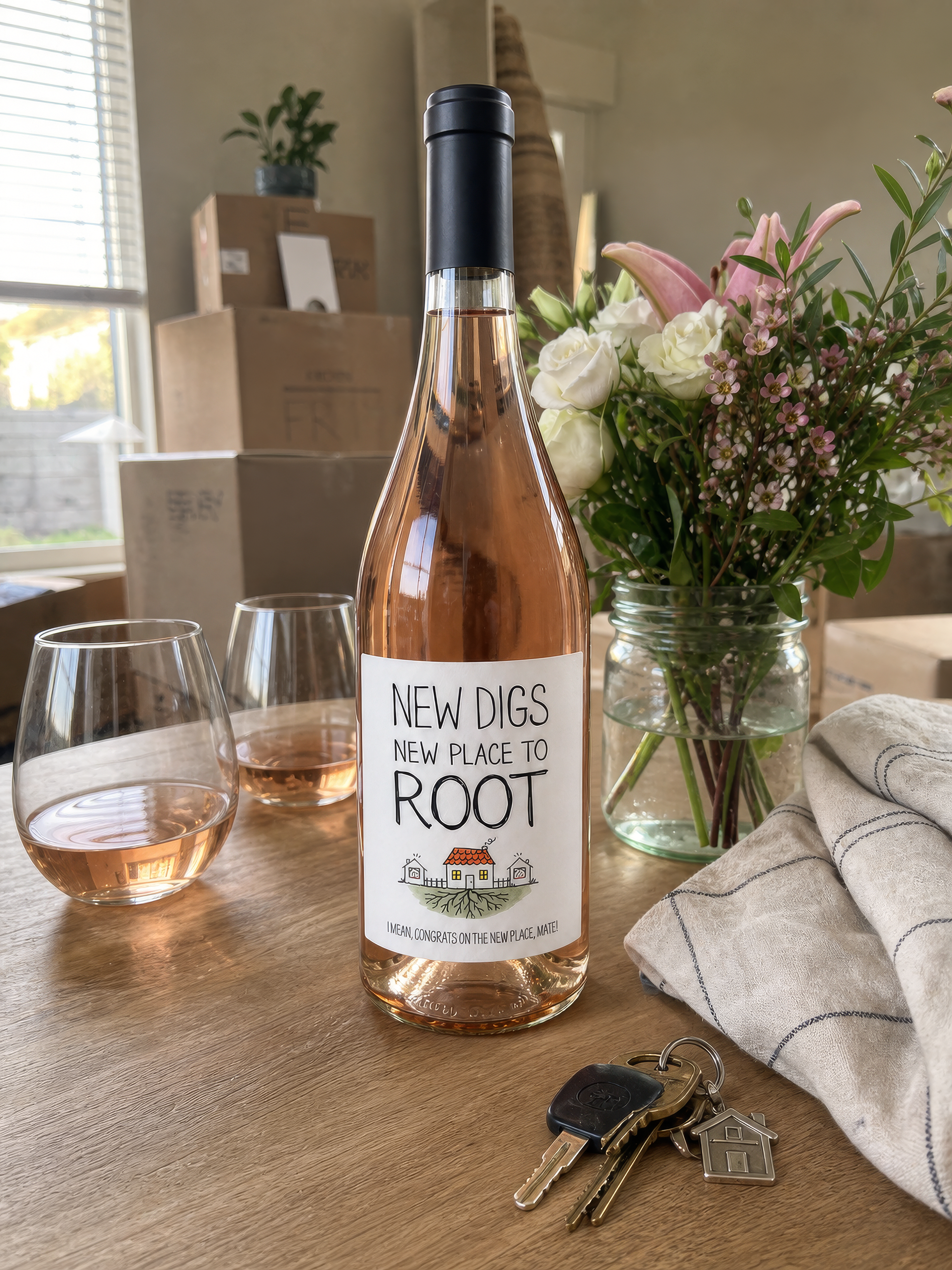New Digs wine label in colour – bottle beside moving boxes, flowers and house keys