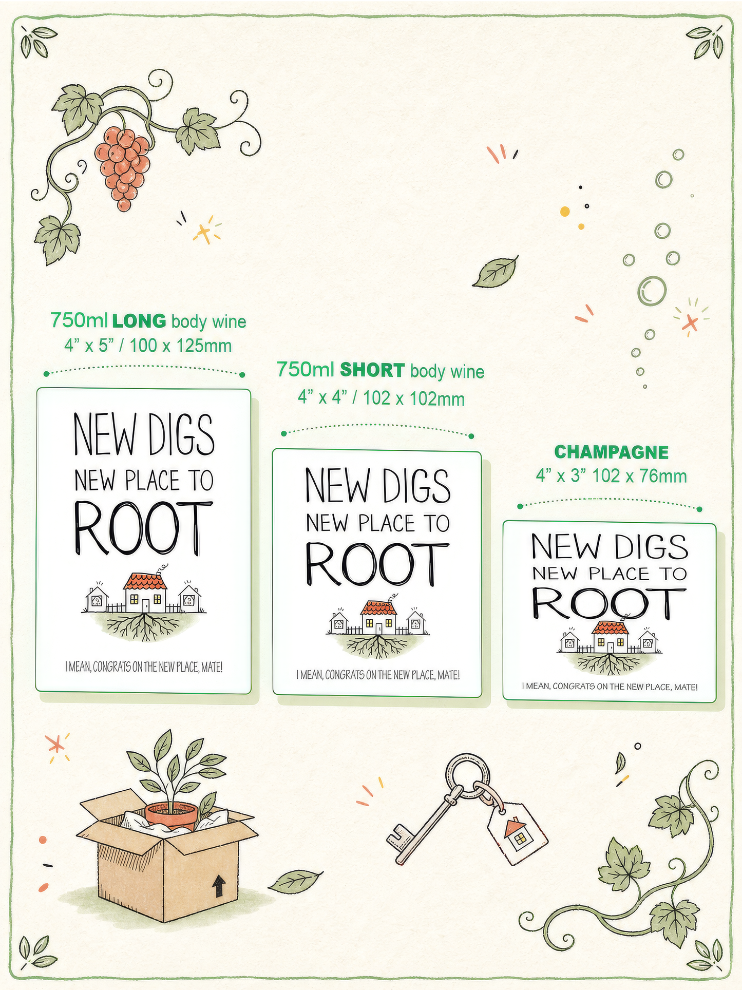 New Digs wine label in colour – size guide for wine long body, wine short body and champagne