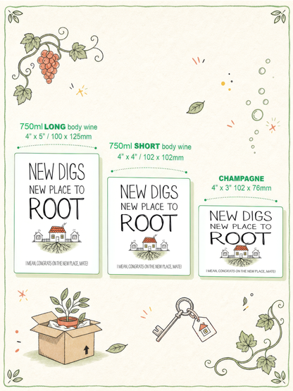 New Digs wine label in colour – size guide for wine long body, wine short body and champagne