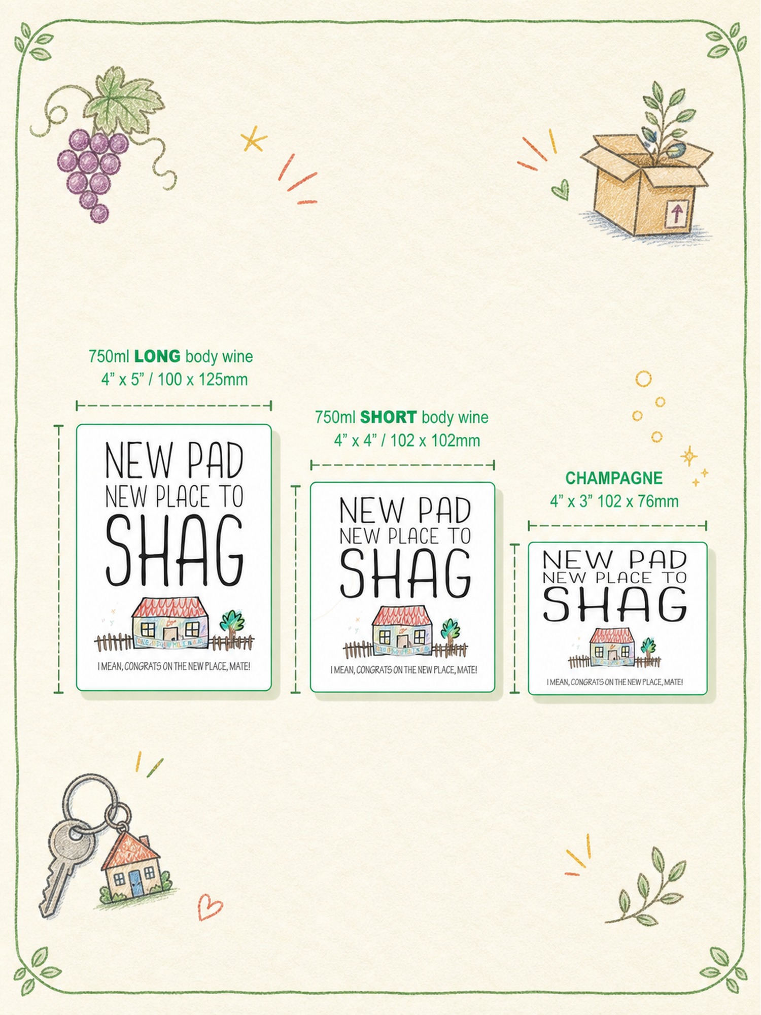 New Pad wine label in colour – size guide for wine long body, wine short body and champagne