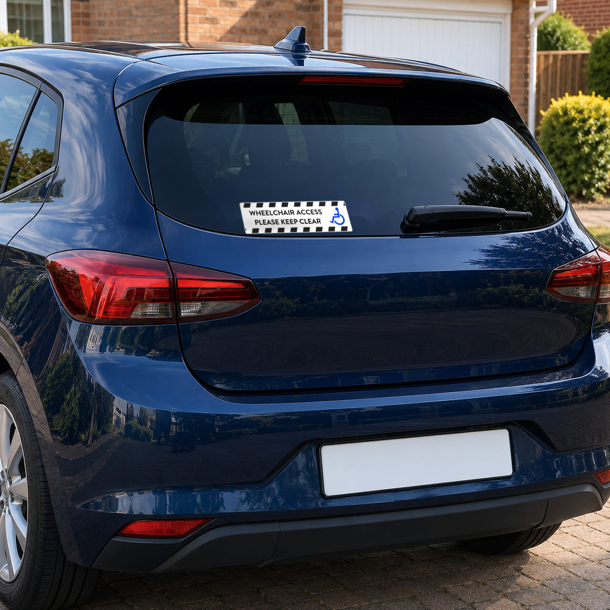 Option 3 white wheelchair access decal with black hazard stripes and a blue wheelchair symbol, WHEELCHAIR ACCESS, PLEASE KEEP CLEAR, applied to the rear window of a dark blue hatchback.