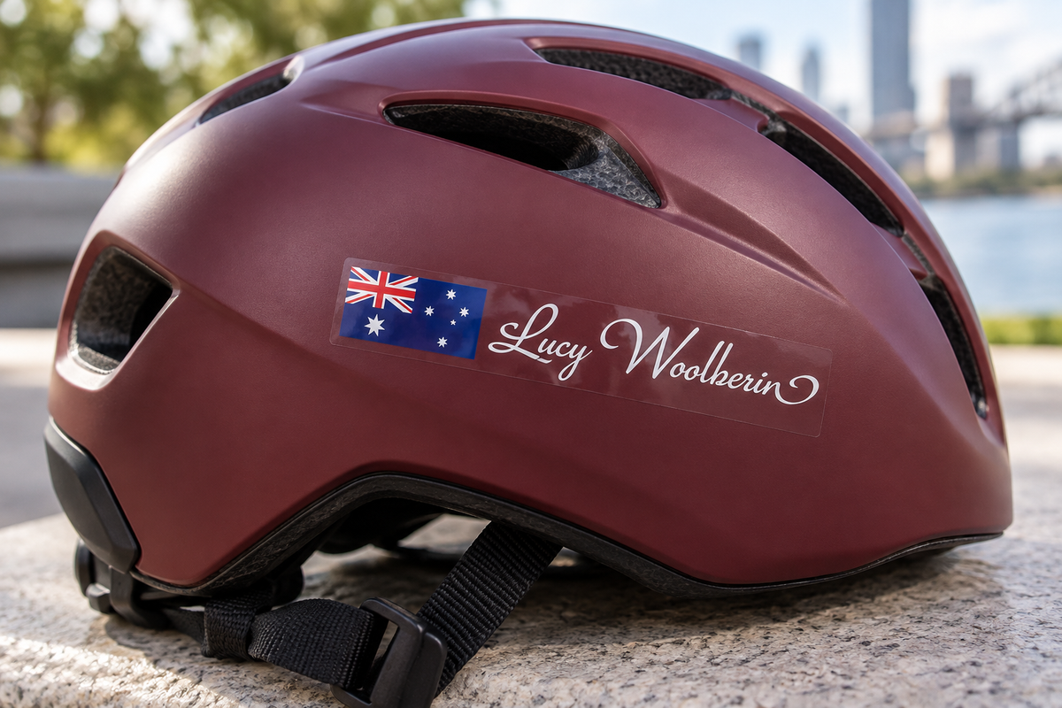 Option 2 calligraphy flag and name sticker on a red cycling helmet