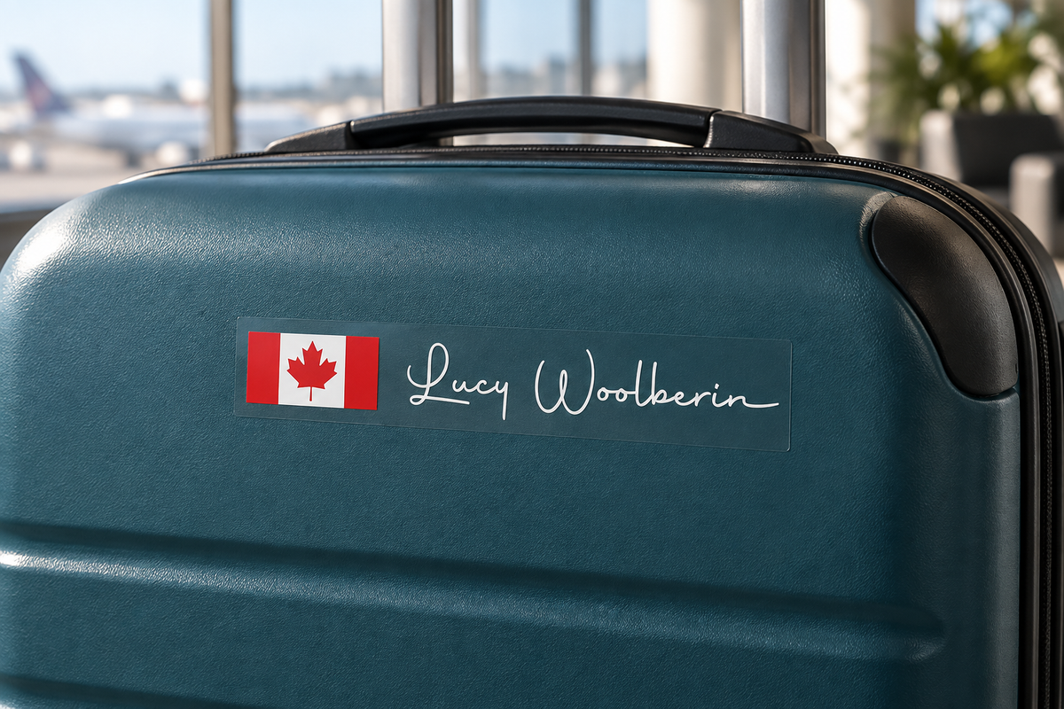 Option 3 handwritten flag and name sticker on a green hard-shell suitcase