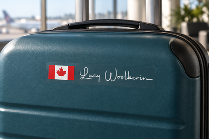 Option 3 handwritten flag and name sticker on a green hard-shell suitcase