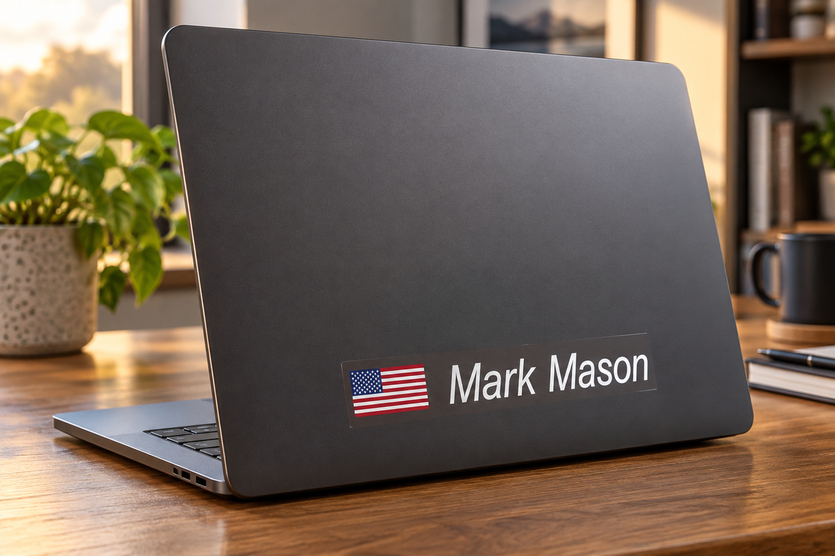 Option 5 bold italic flag and name sticker on a laptop lid