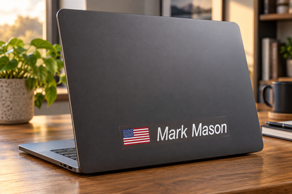 Option 5 bold italic flag and name sticker on a laptop lid