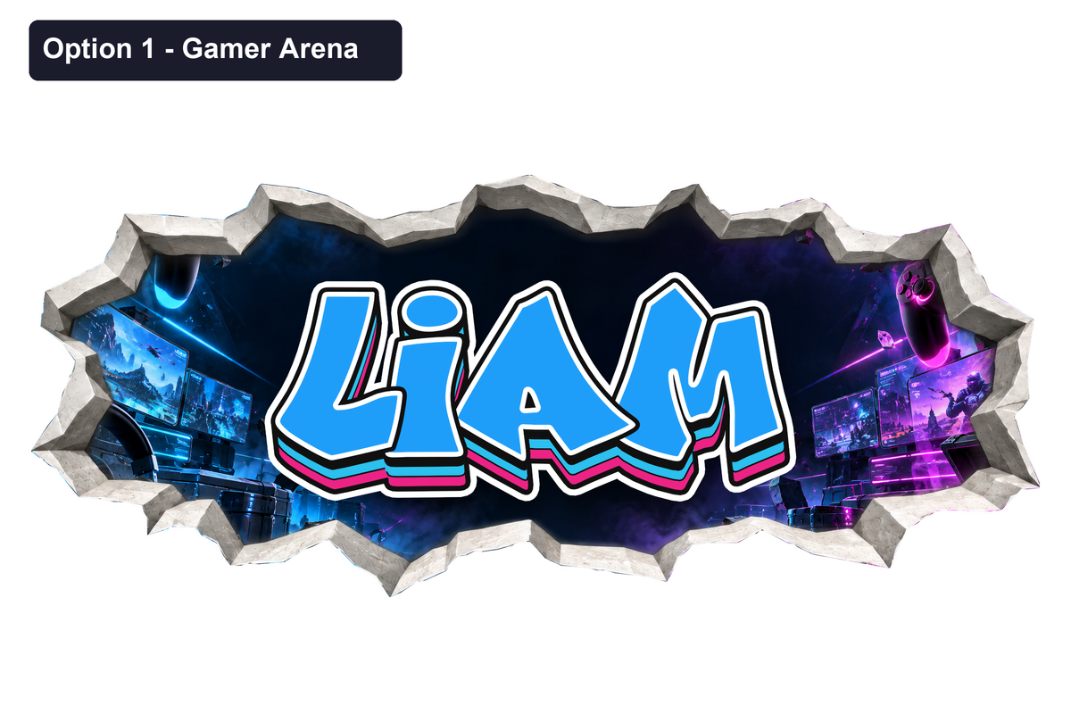 Option 1 Gamer Arena: cyan Liam graffiti with a printed broken plaster edge