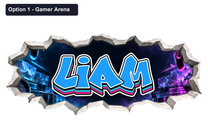 Option 1 Gamer Arena: cyan Liam graffiti with a printed broken plaster edge