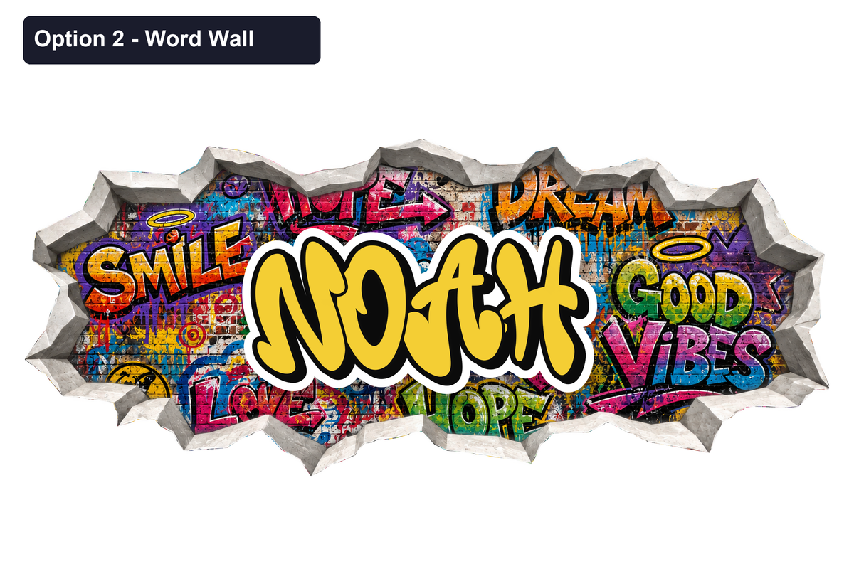 Option 2 Word Wall: yellow Noah graffiti over colourful street-art brickwork
