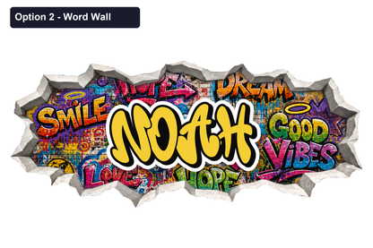 Option 2 Word Wall: yellow Noah graffiti over colourful street-art brickwork