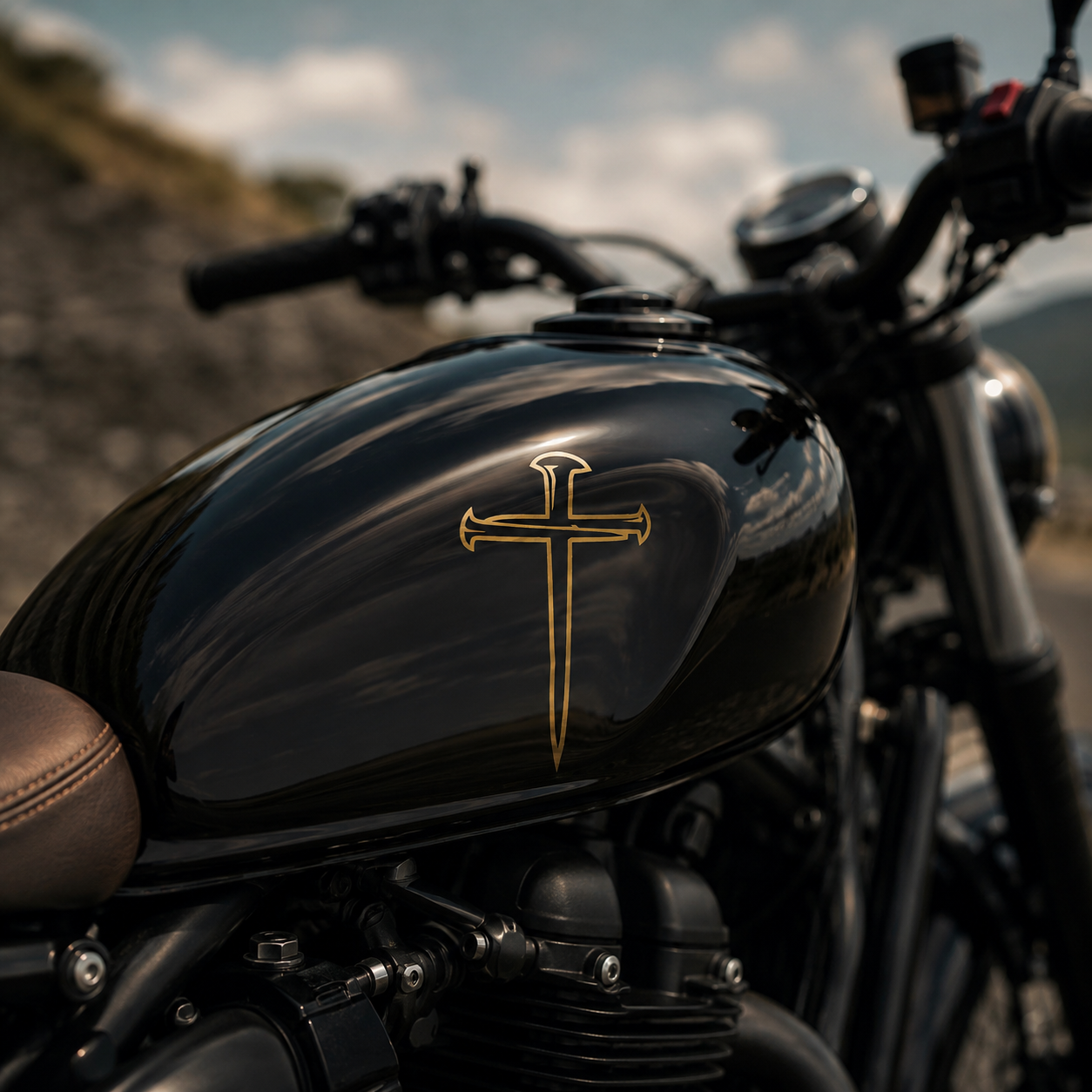 Gold outline nail cross vinyl decal on black motorcycle tank