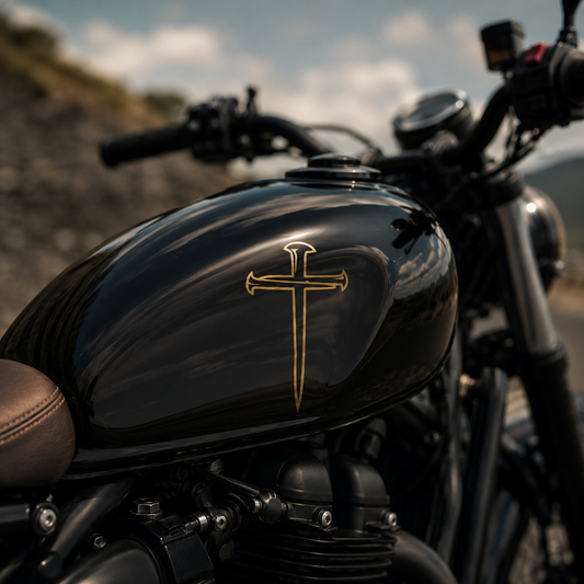 Gold outline nail cross vinyl decal on black motorcycle tank