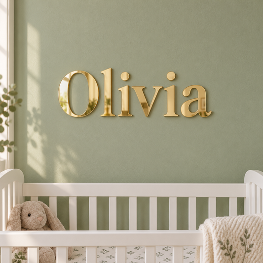Acrylic letters – gold mirror name 'Olivia' on a nursery wall above a cot