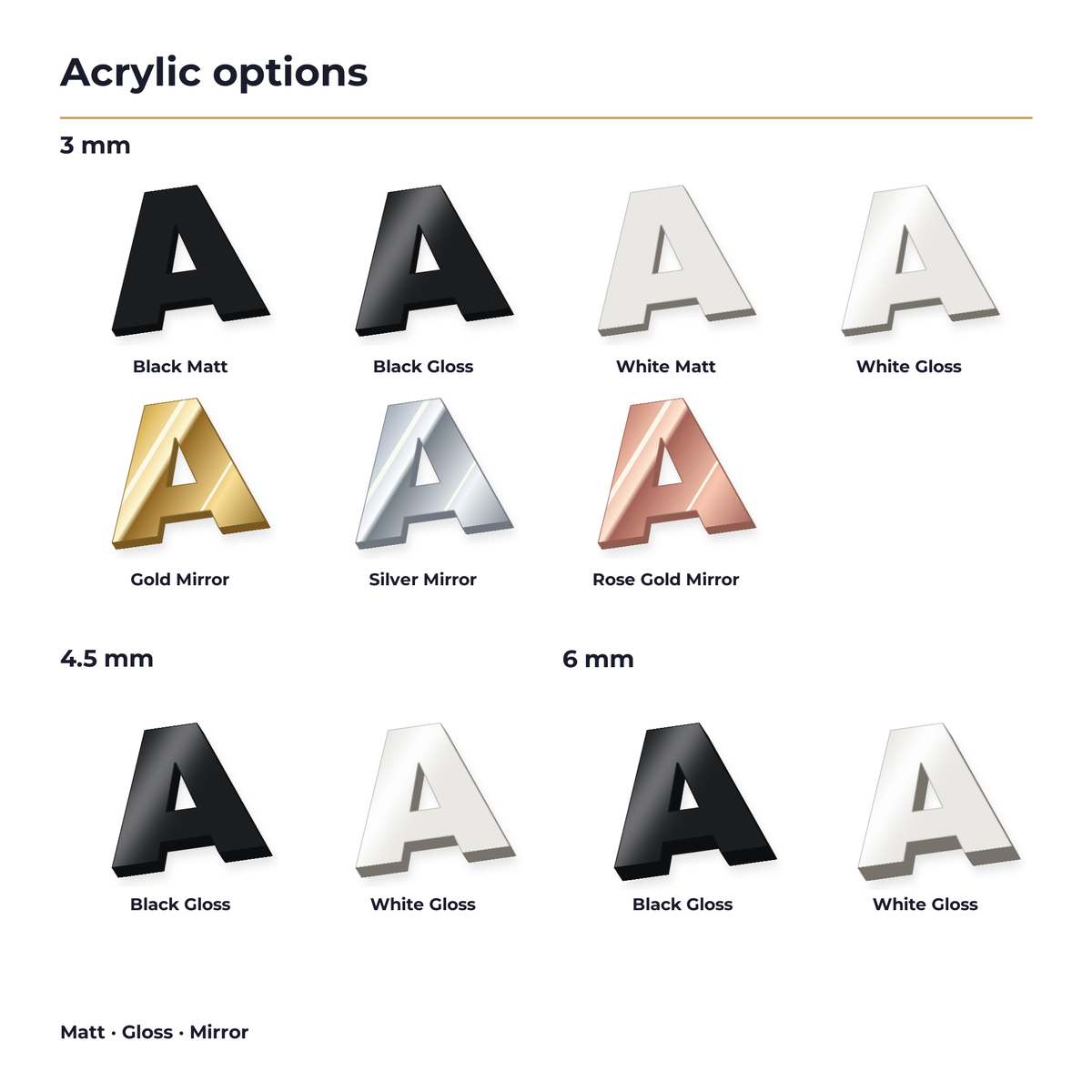 Acrylic letters materials – matt, gloss and mirror in 3 mm, 4.5 mm and 6 mm