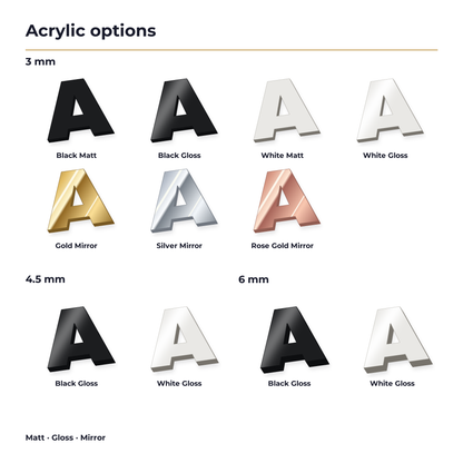 Acrylic letters materials – matt, gloss and mirror in 3 mm, 4.5 mm and 6 mm