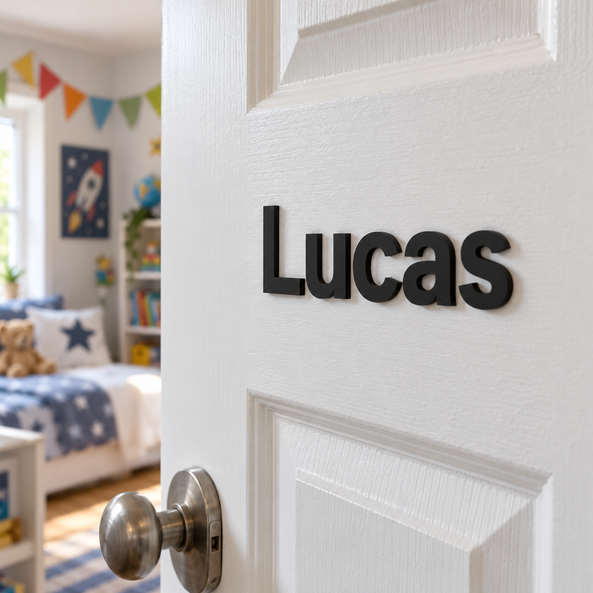 Black matt acrylic letters 'Lucas' on a white bedroom door