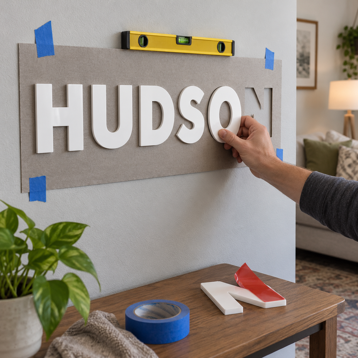 Acrylic letters installation template – cardboard template placing letters on a wall