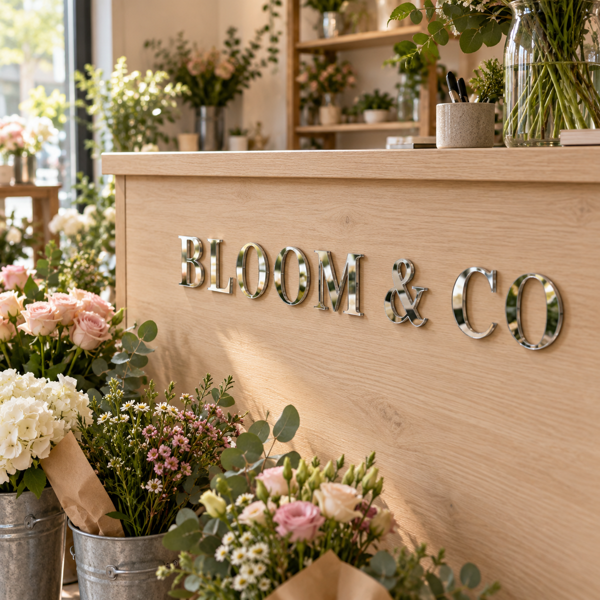 Silver mirror acrylic letters 'BLOOM & CO' on a timber shop counter