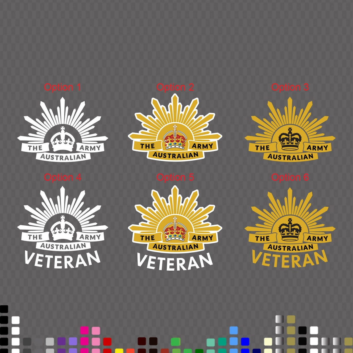 Australian Army Rising Sun badge decal in six designs labelled Option 1 to 6: white, full colour and gold and black, each also with VETERAN wording
