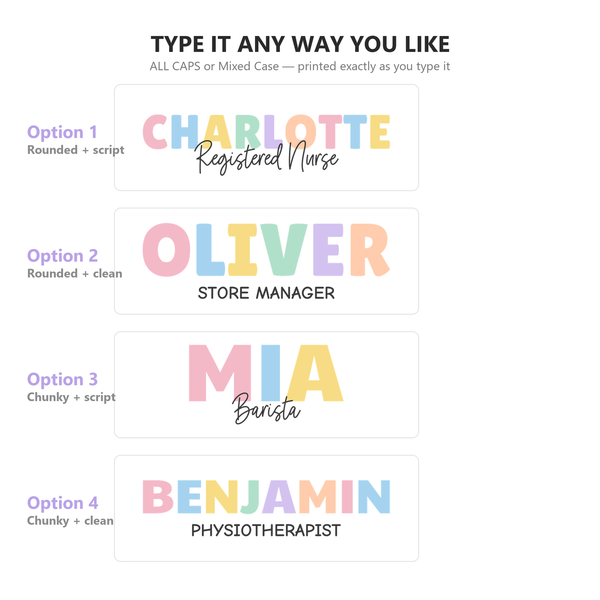 Names printed in ALL CAPS or Mixed Case