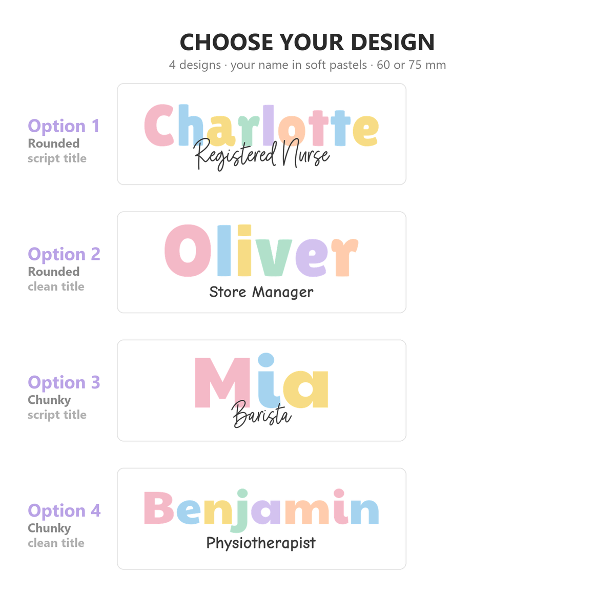 Four pastel name badge design options