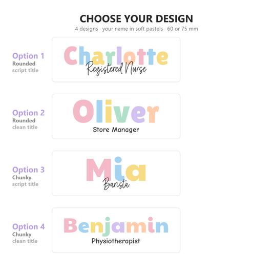 Four pastel name badge design options