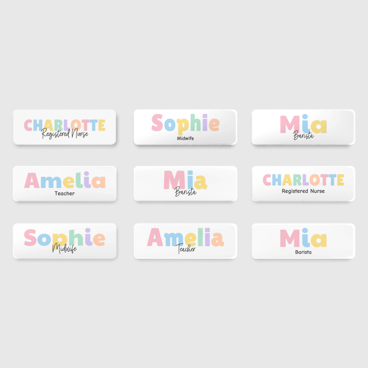 Nine pastel name badges showing different names and designs