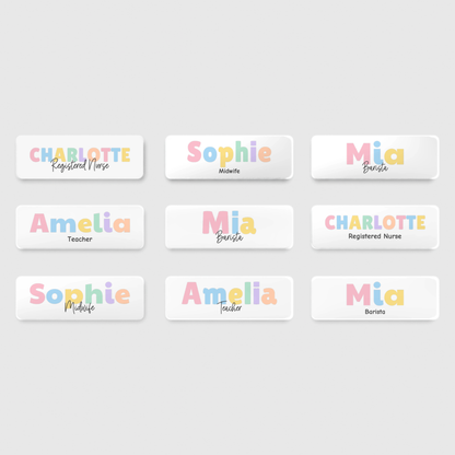 Nine pastel name badges showing different names and designs