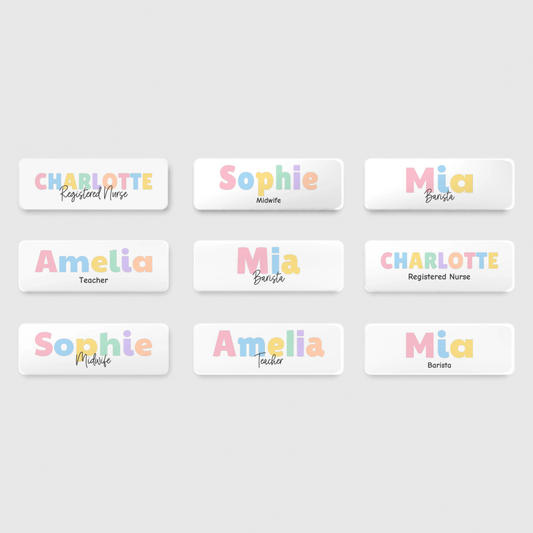 Nine pastel name badges showing different names and designs