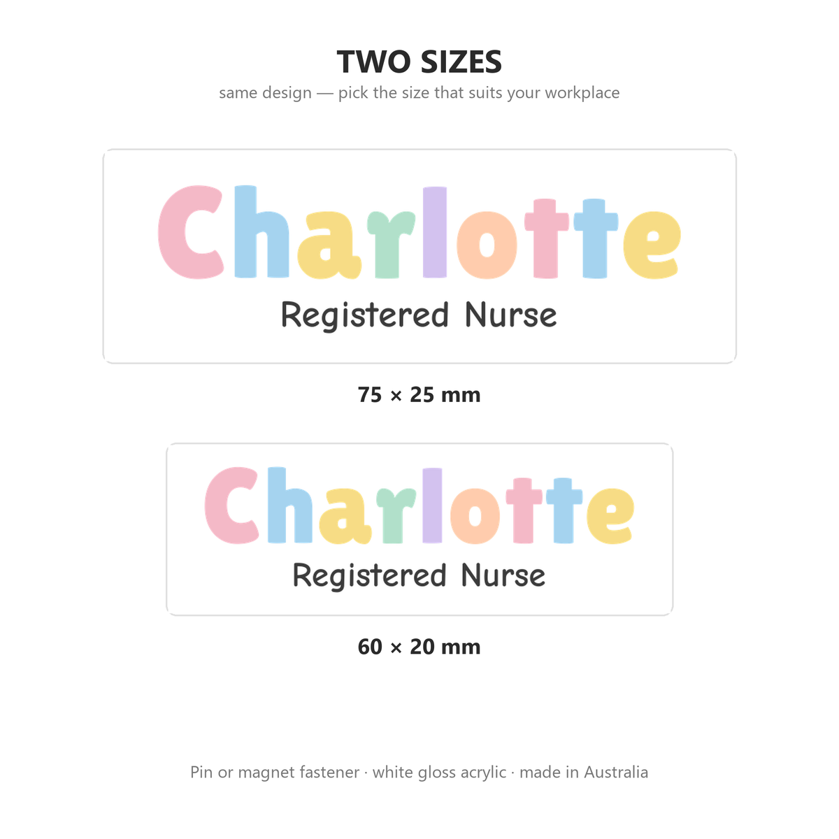Badge sizes 75 x 25 mm and 60 x 20 mm