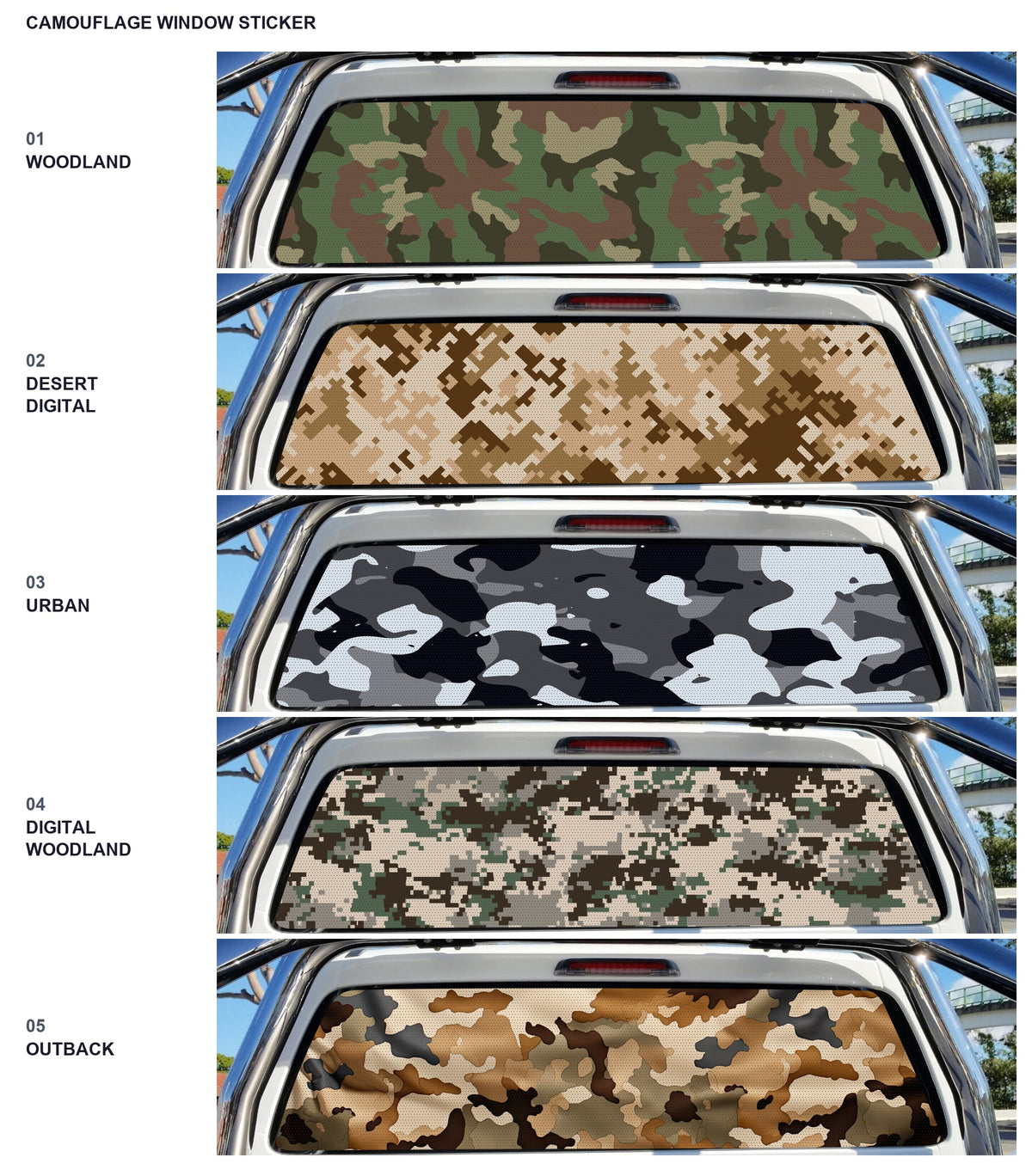 Camouflage window sticker five-design comparison, trimmed-to-fit application mockups