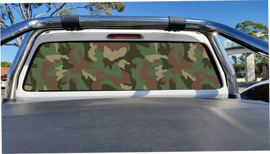 Woodland camouflage perforated sticker trimmed to a ute rear window, application mockup
