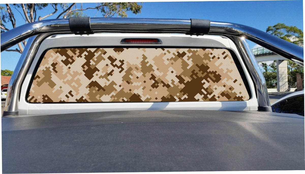 Desert Digital camouflage perforated sticker trimmed to a ute rear window, application mockup