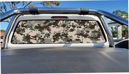 Digital Woodland camouflage perforated sticker trimmed to a ute rear window, application mockup