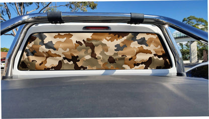 Outback camouflage perforated sticker trimmed to a ute rear window, application mockup