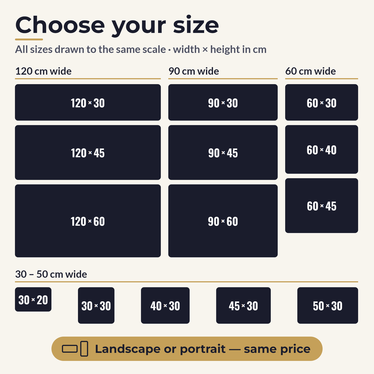 Magnetic car sign sizes from 30 x 20 cm to 120 x 60 cm drawn to scale