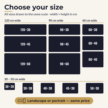 Magnetic car sign sizes from 30 x 20 cm to 120 x 60 cm drawn to scale