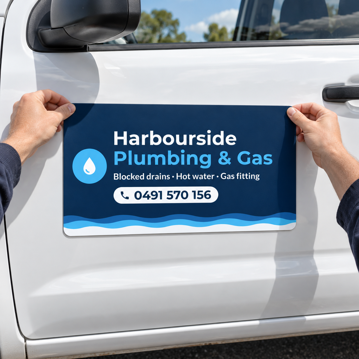 Hands fitting a removable magnetic sign onto a white ute door